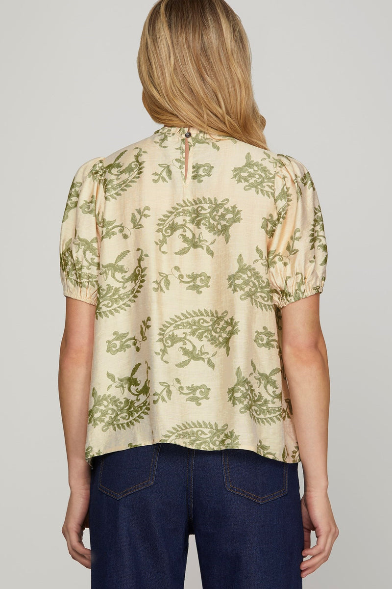 Sloane Paisley Print Ruffle Neck Top, Sage