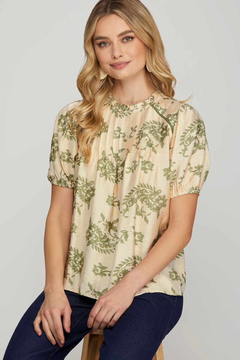 Sloane Paisley Print Ruffle Neck Top, Sage