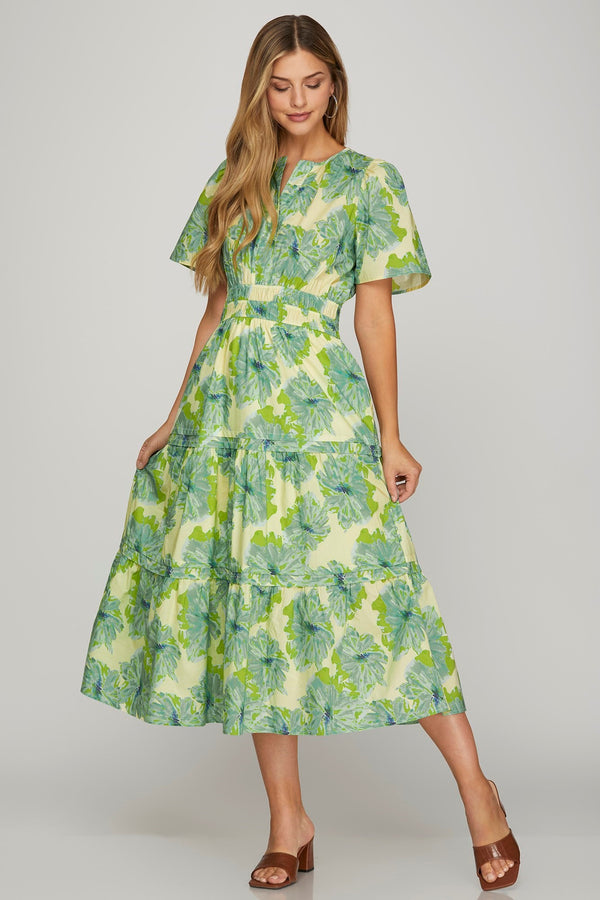 Brianna Elastic Waist Floral Dress, Green