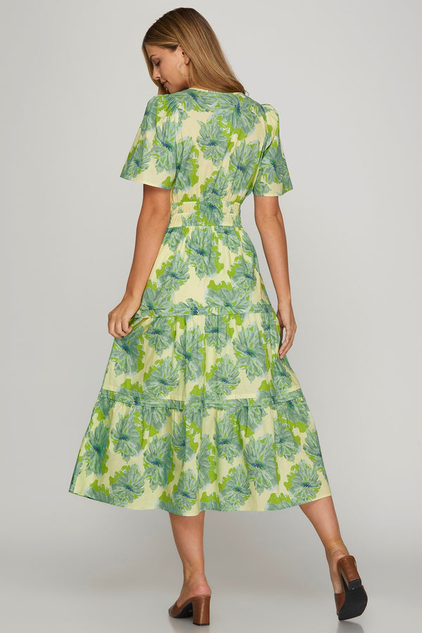 Brianna Elastic Waist Floral Dress, Green