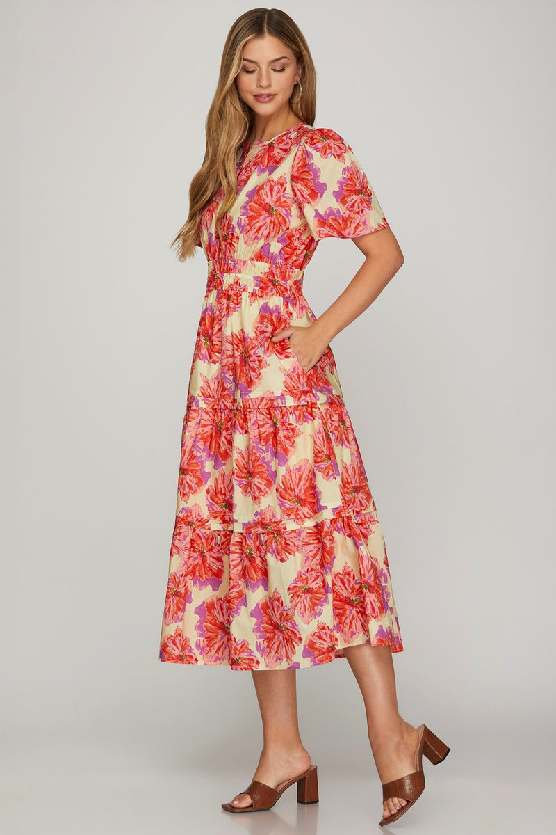 Brianna Elastic Waist Floral Dress, Red