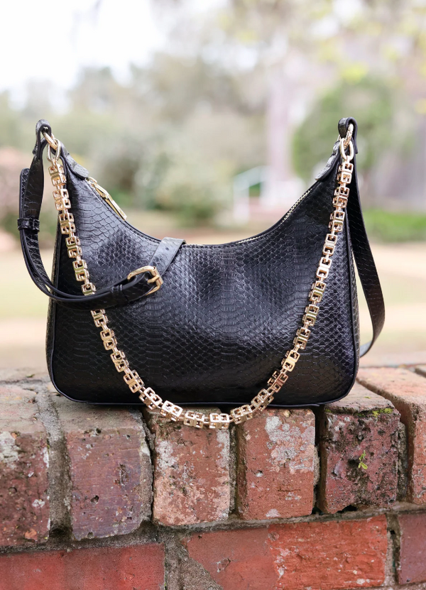 Billie Embossed Faux Leather Chain Bag, Black