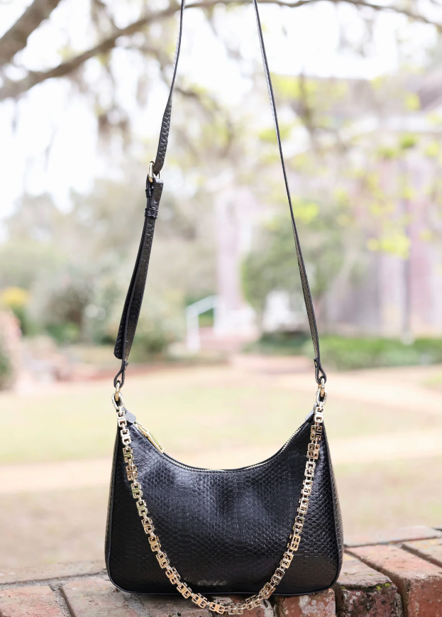 Billie Embossed Faux Leather Chain Bag, Black