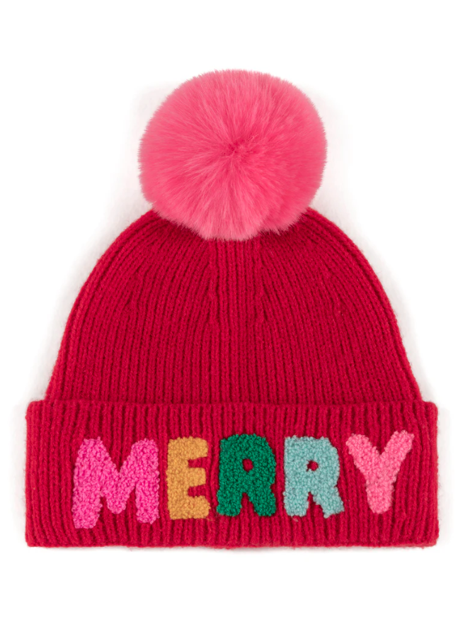 Merry Graphic Knit Hat, Red