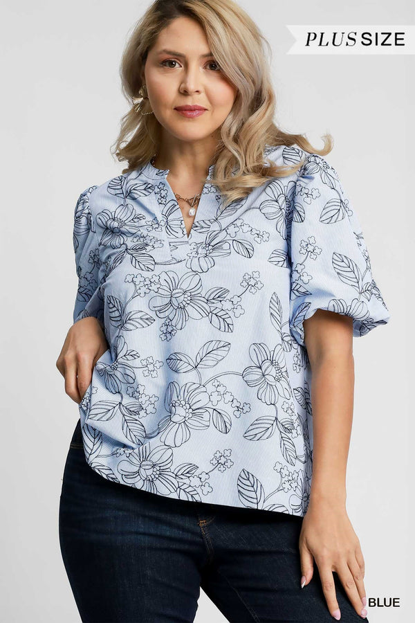 Mariana Embroidered Floral Pinstriped Blouse, Blue | Plus Size