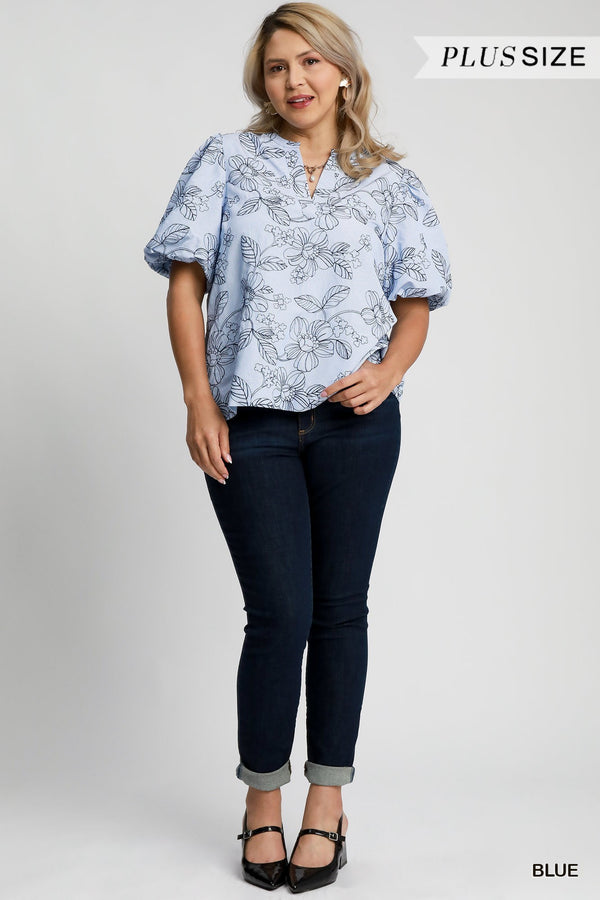 Mariana Embroidered Floral Pinstriped Blouse, Blue | Plus Size