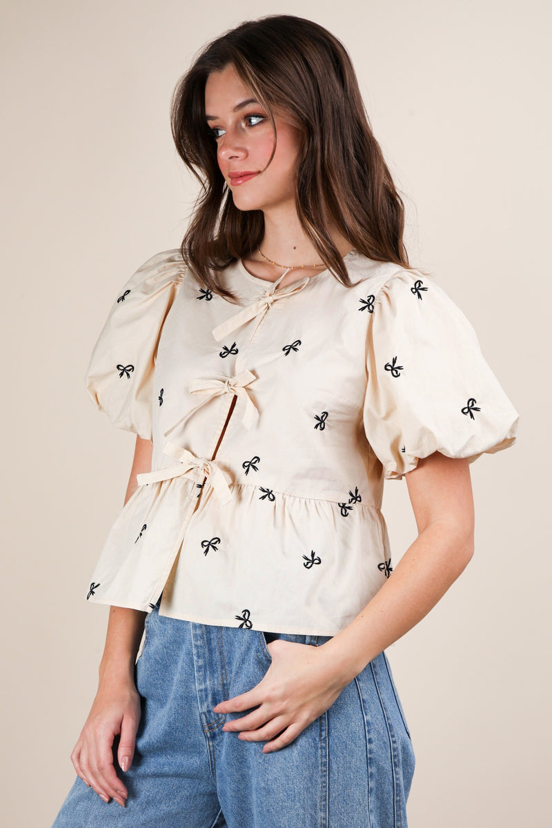 Clara Front Tie Bow Embroidered Top, Beige