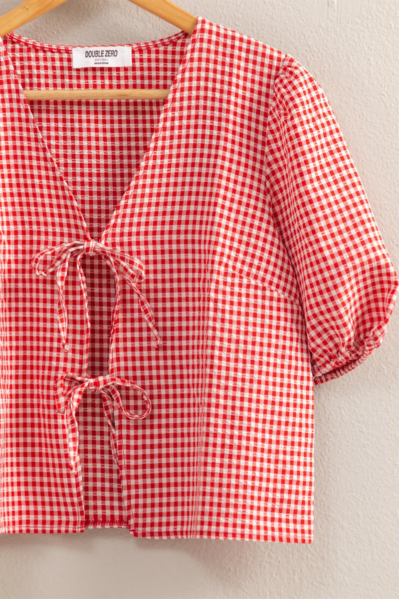 Murphy Gingham Tie Front Blouse, Red