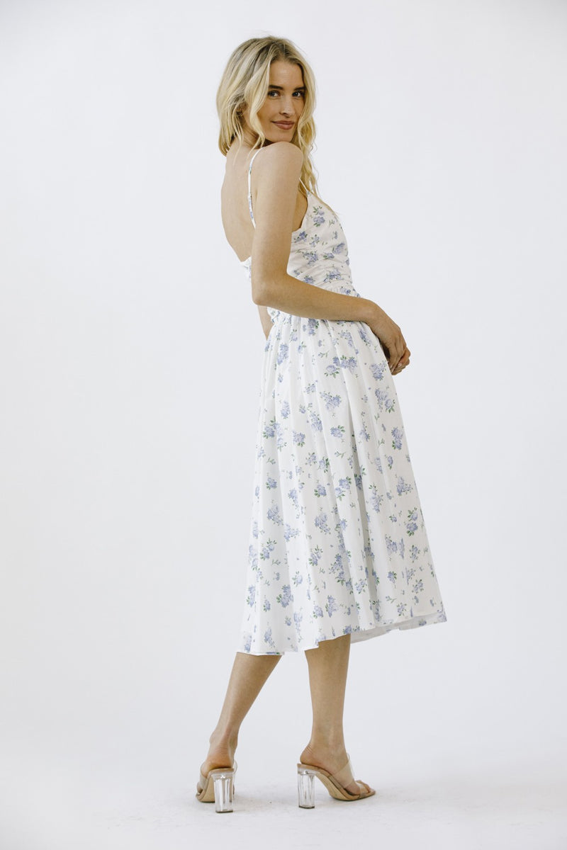 Miller Rose Print A-Line Dress, White/Blue Floral