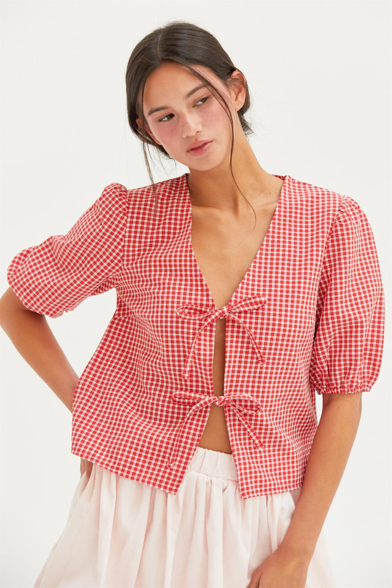 Murphy Gingham Tie Front Blouse, Red