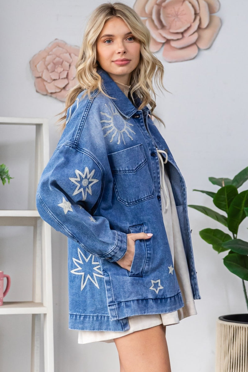 Ashley Embroidered Denim Jacket, Medium Wash