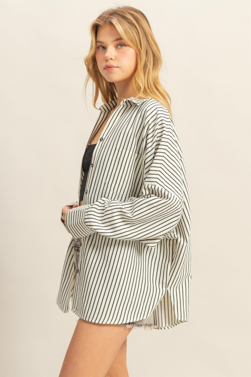 Raya Striped Button Down Shirt, Black