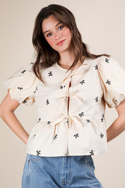 Clara Front Tie Bow Embroidered Top, Beige