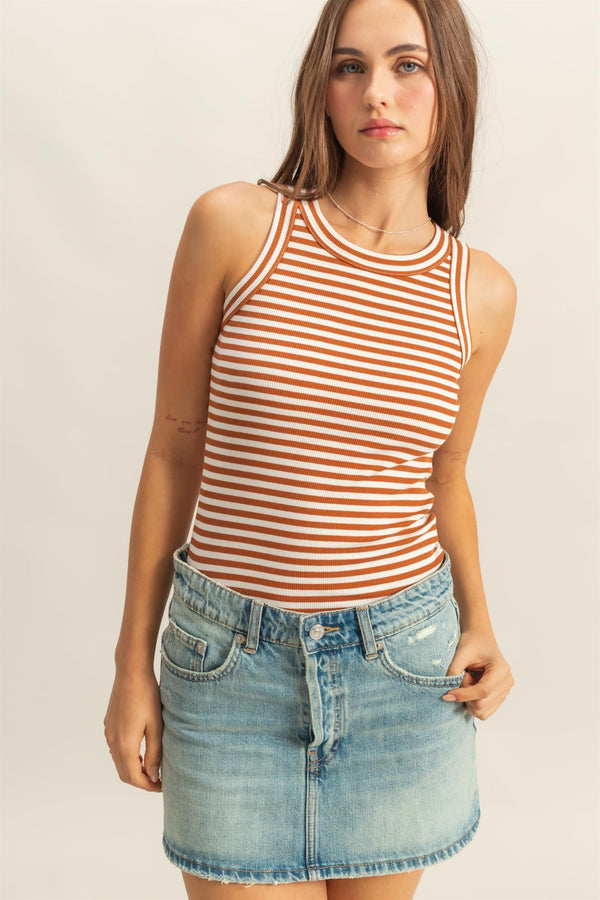 Gabriella Striped Sleeveless Top, Tan