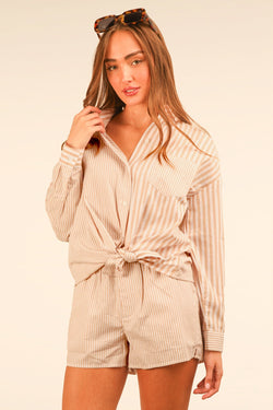 Allison Button Down Striped Shirt, Taupe