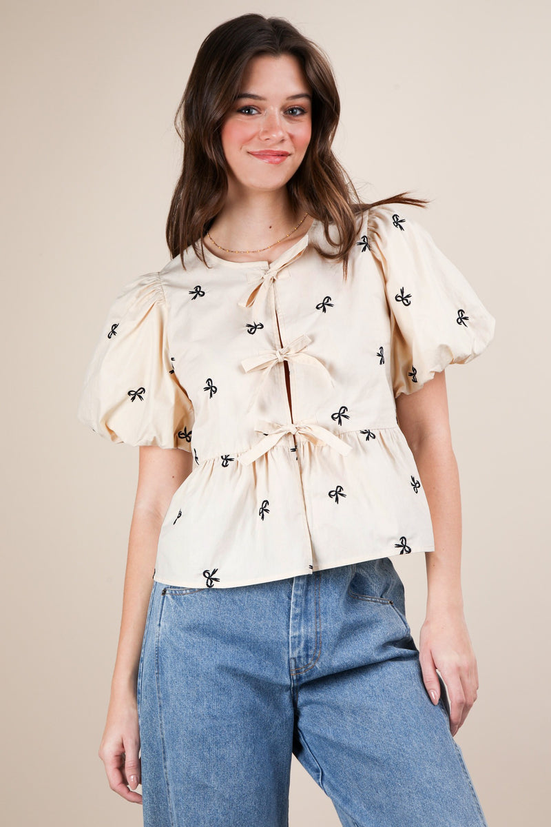 Clara Front Tie Bow Embroidered Top, Beige