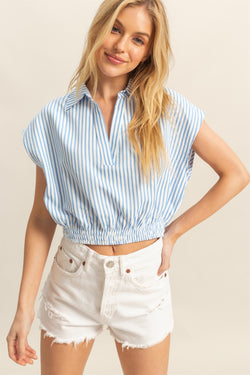 Hailey Striped Collared Crop Top, Blue