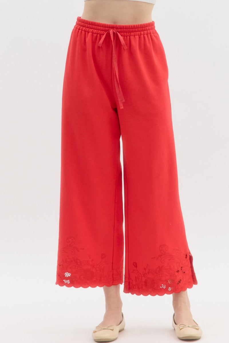 Naomi Jersey Embroidered Wide Leg Pant, Red