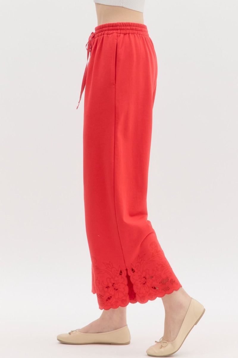 Naomi Jersey Embroidered Wide Leg Pant, Red