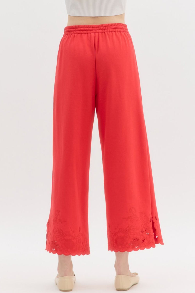 Naomi Jersey Embroidered Wide Leg Pant, Red