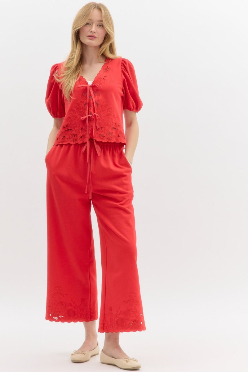 Naomi Jersey Embroidered Wide Leg Pant, Red