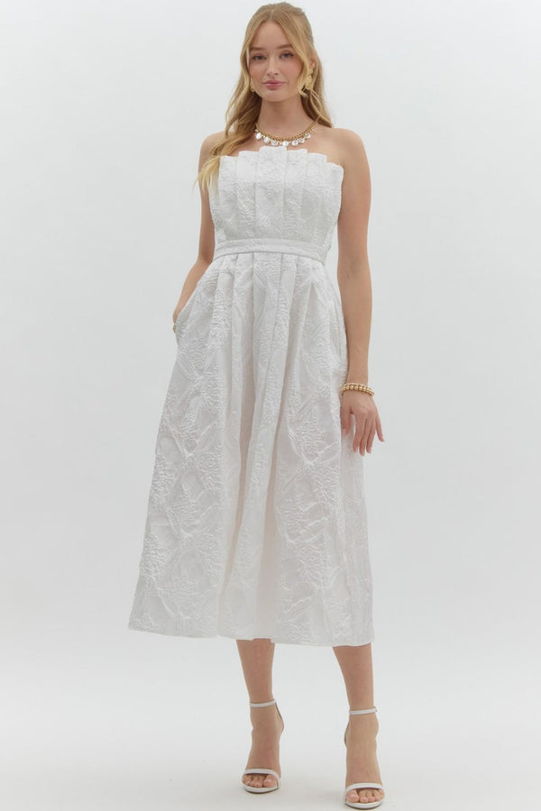 Carla Strapless Embroidered Midi Dress, Off White