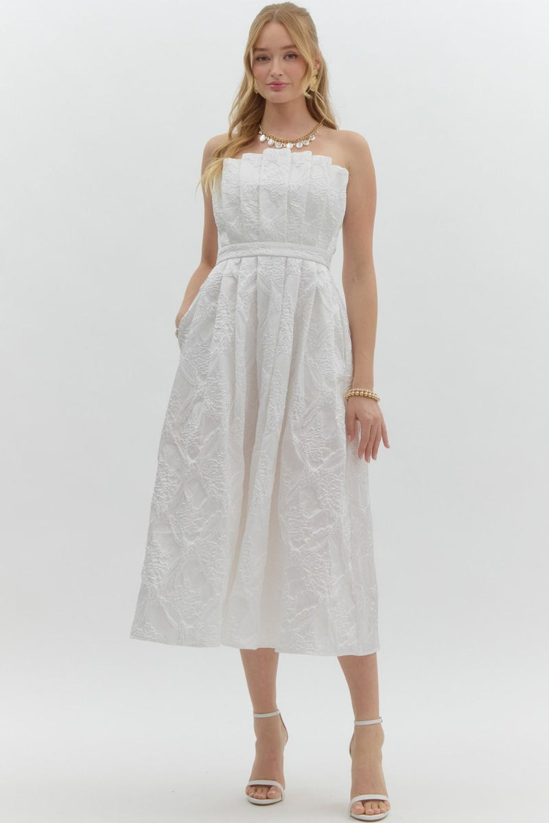 Carla Strapless Embroidered Midi Dress, Off White