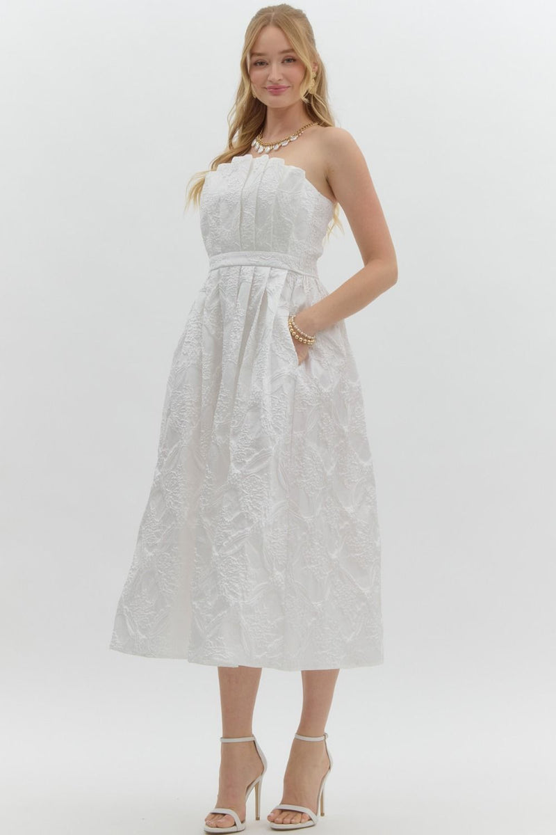 Carla Strapless Embroidered Midi Dress, Off White