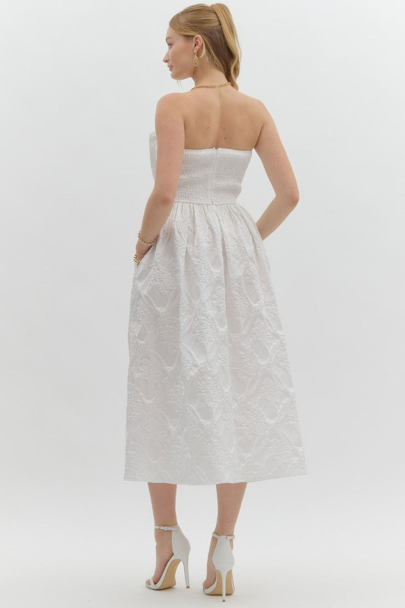 Carla Strapless Embroidered Midi Dress, Off White