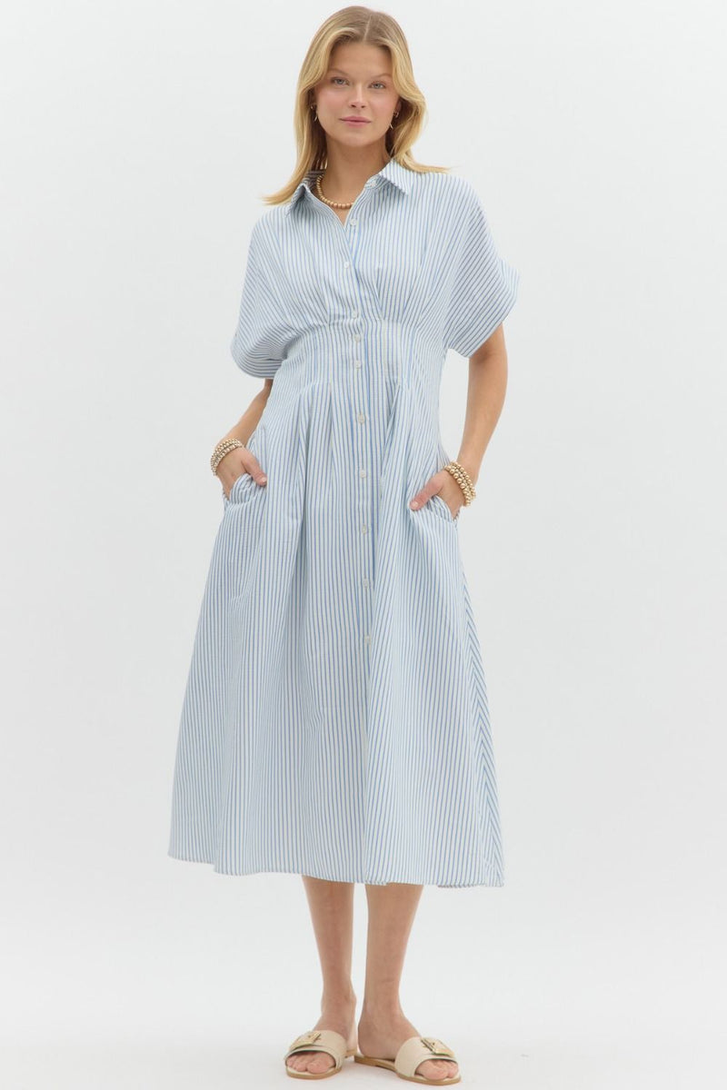 Sona Striped Pintuck Midi Dress, Blue