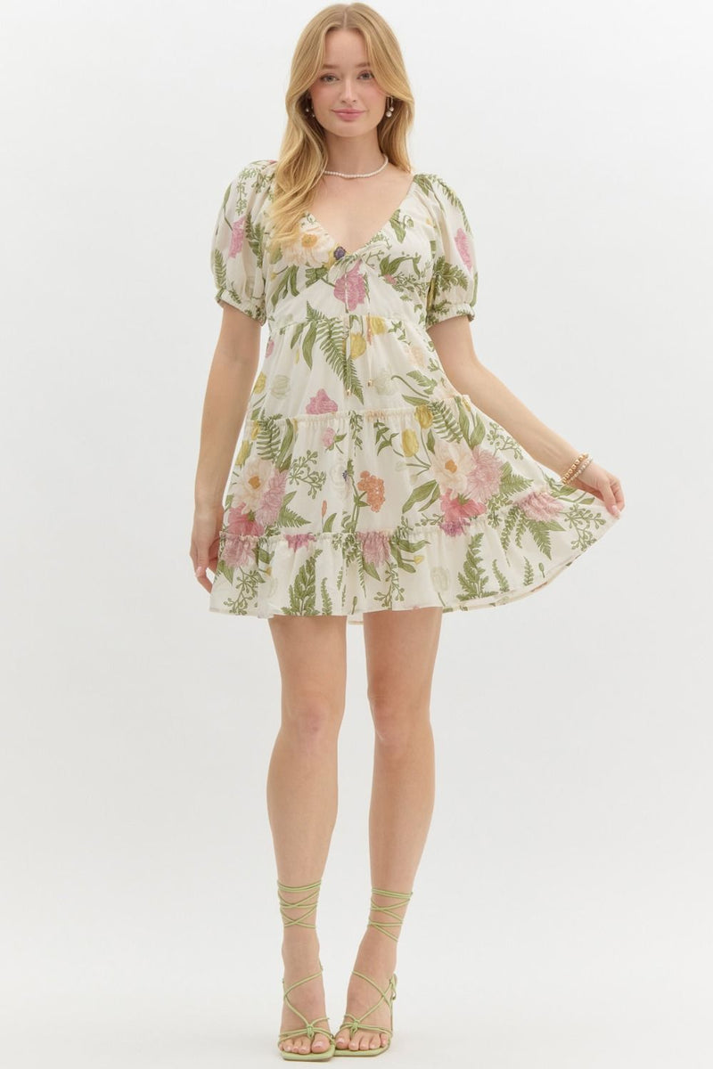 Kenna Floral Tiered Mini Dress, Cream