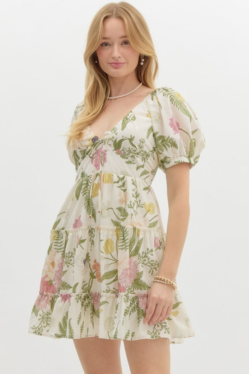 Kenna Floral Tiered Mini Dress, Cream