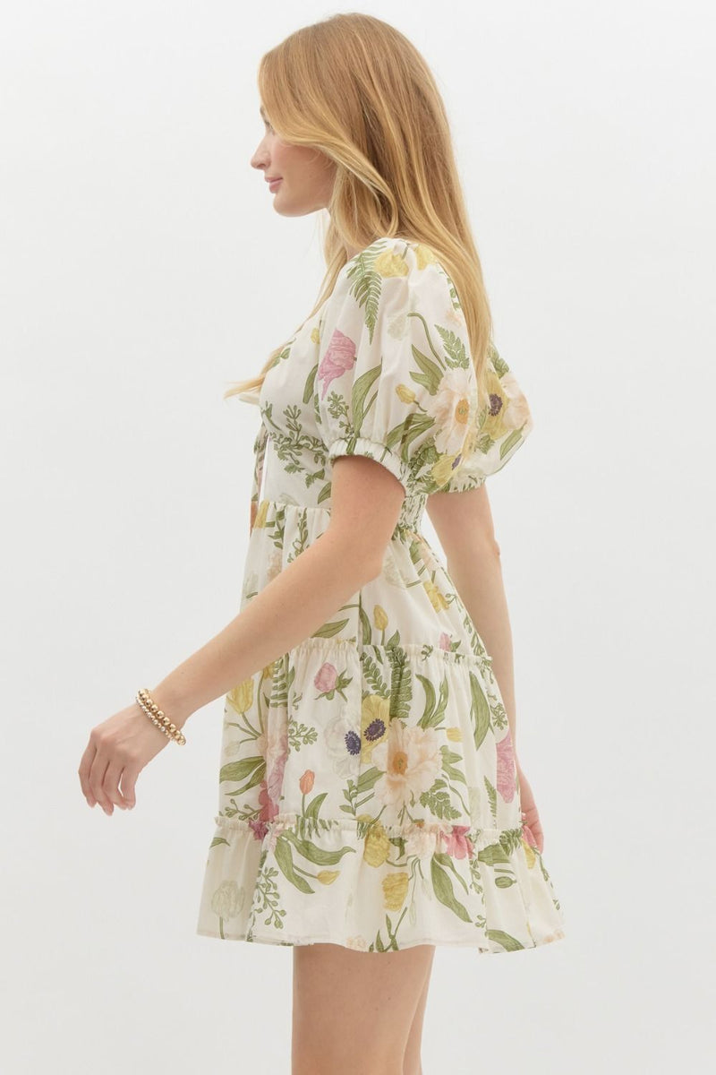 Kenna Floral Tiered Mini Dress, Cream