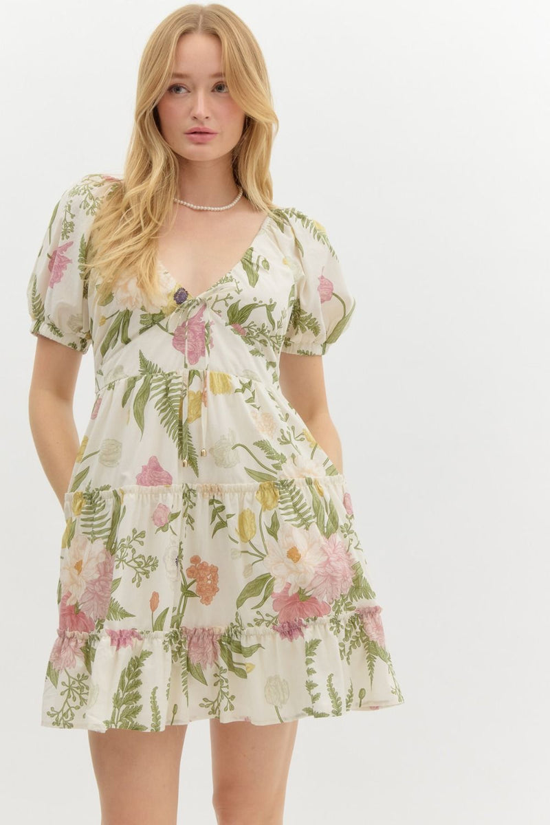 Kenna Floral Tiered Mini Dress, Cream