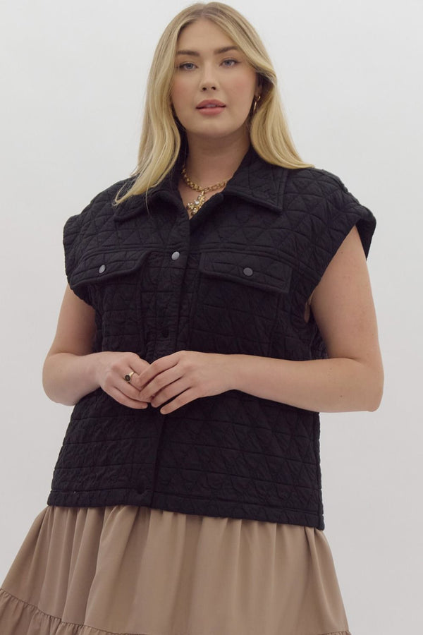 Veda Quilted Button Down Vest, Black | Extended Sizes