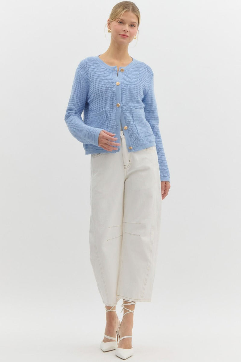 Uma Gold Button Down Cardigan, Light Blue