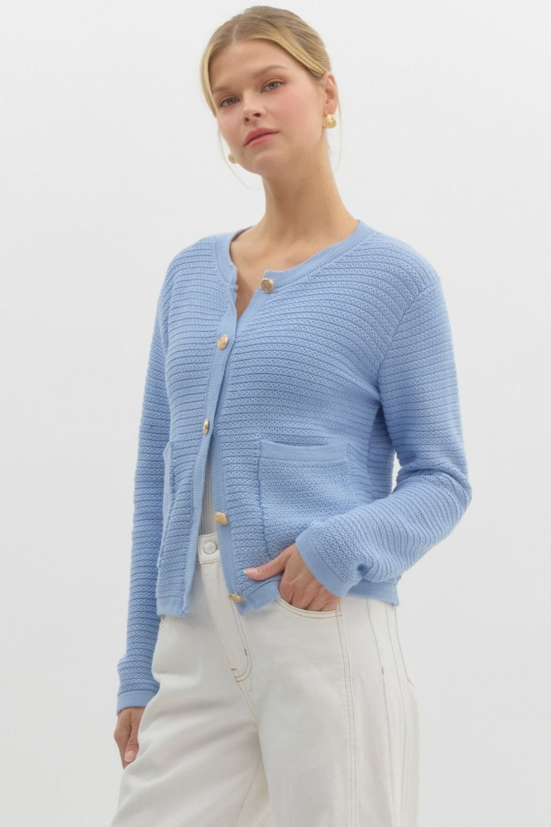 Uma Gold Button Down Cardigan, Light Blue