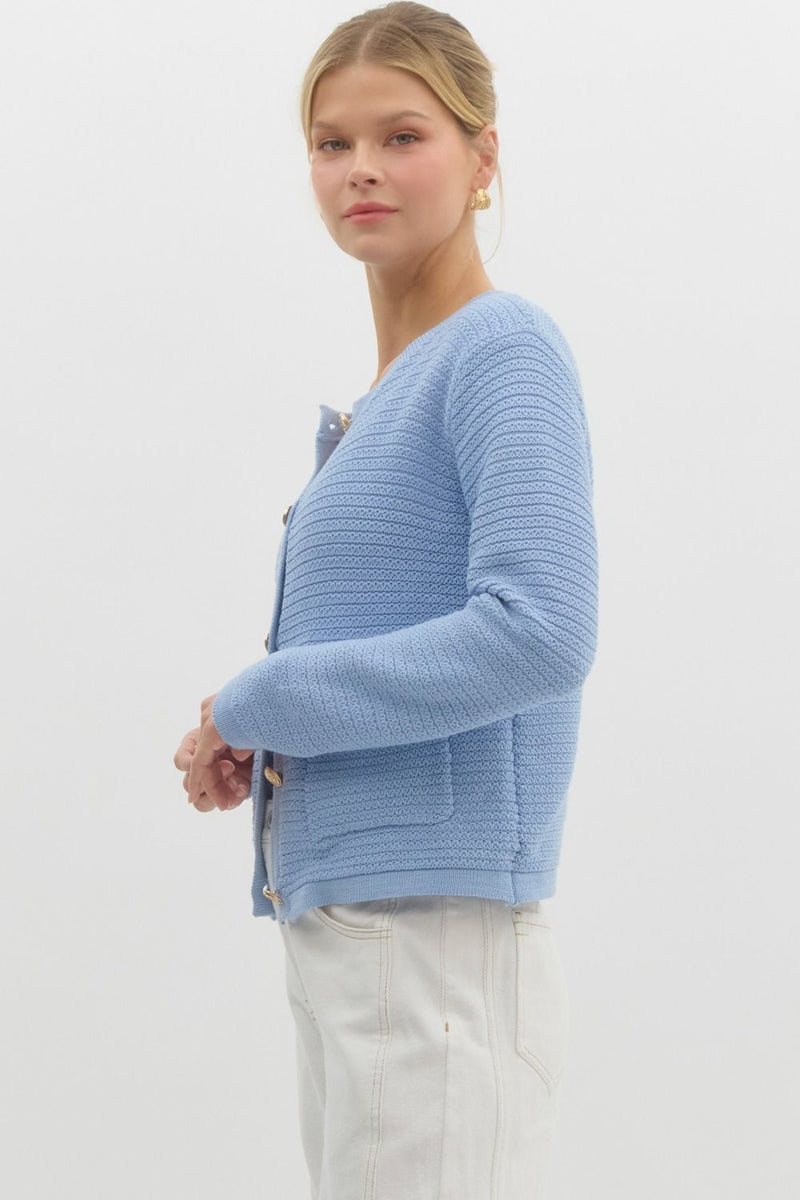 Uma Gold Button Down Cardigan, Light Blue