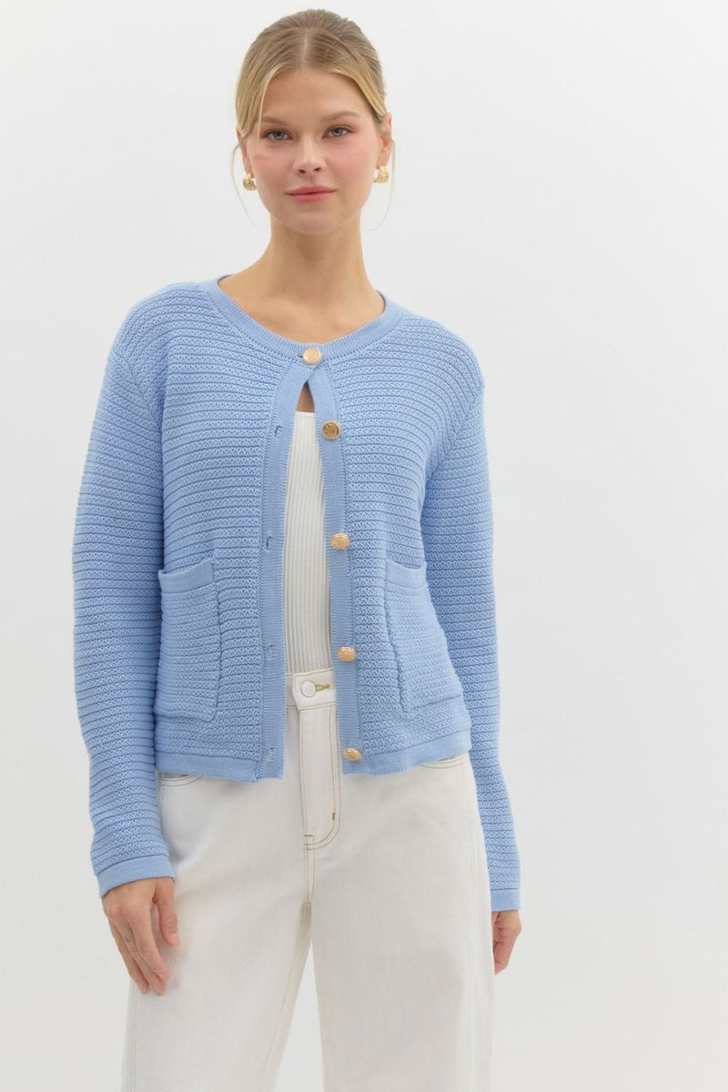 Uma Gold Button Down Cardigan, Light Blue