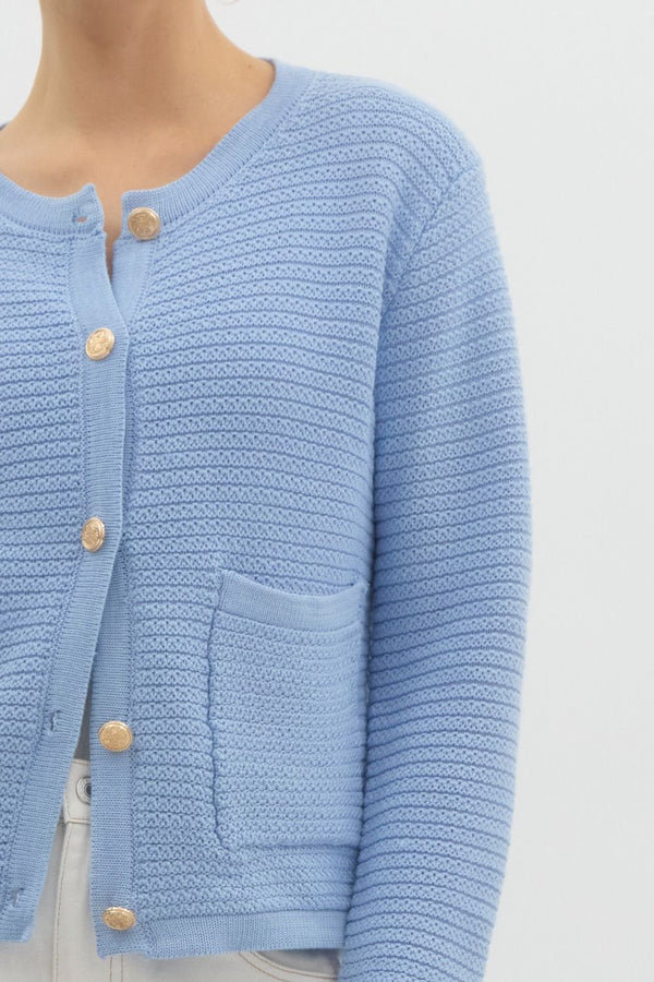 Uma Gold Button Down Cardigan, Light Blue