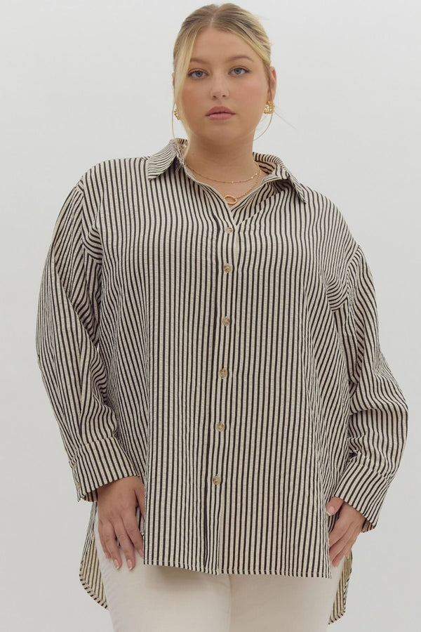 Opal Striped Button Down Top, Black | Plus Size