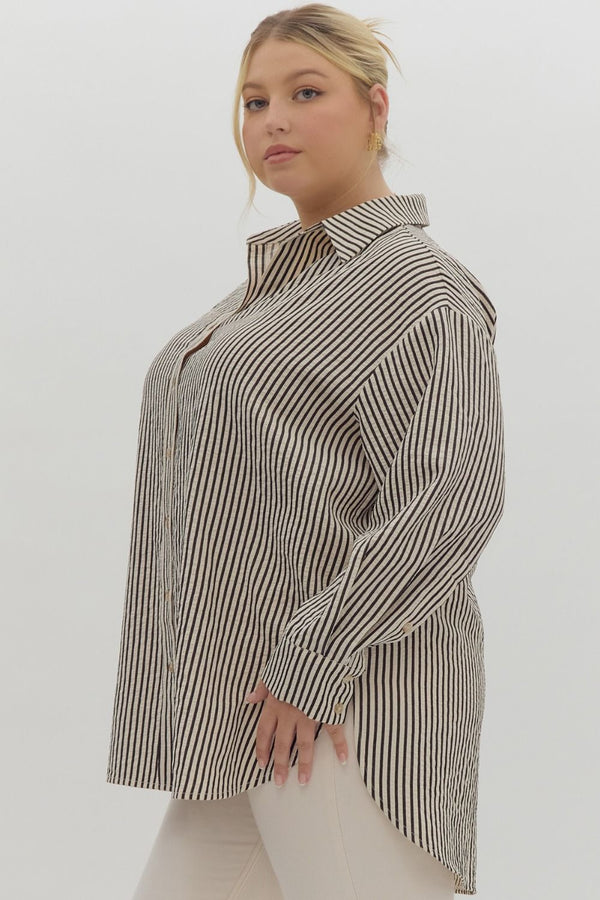 Opal Striped Button Down Top, Black | Plus Size