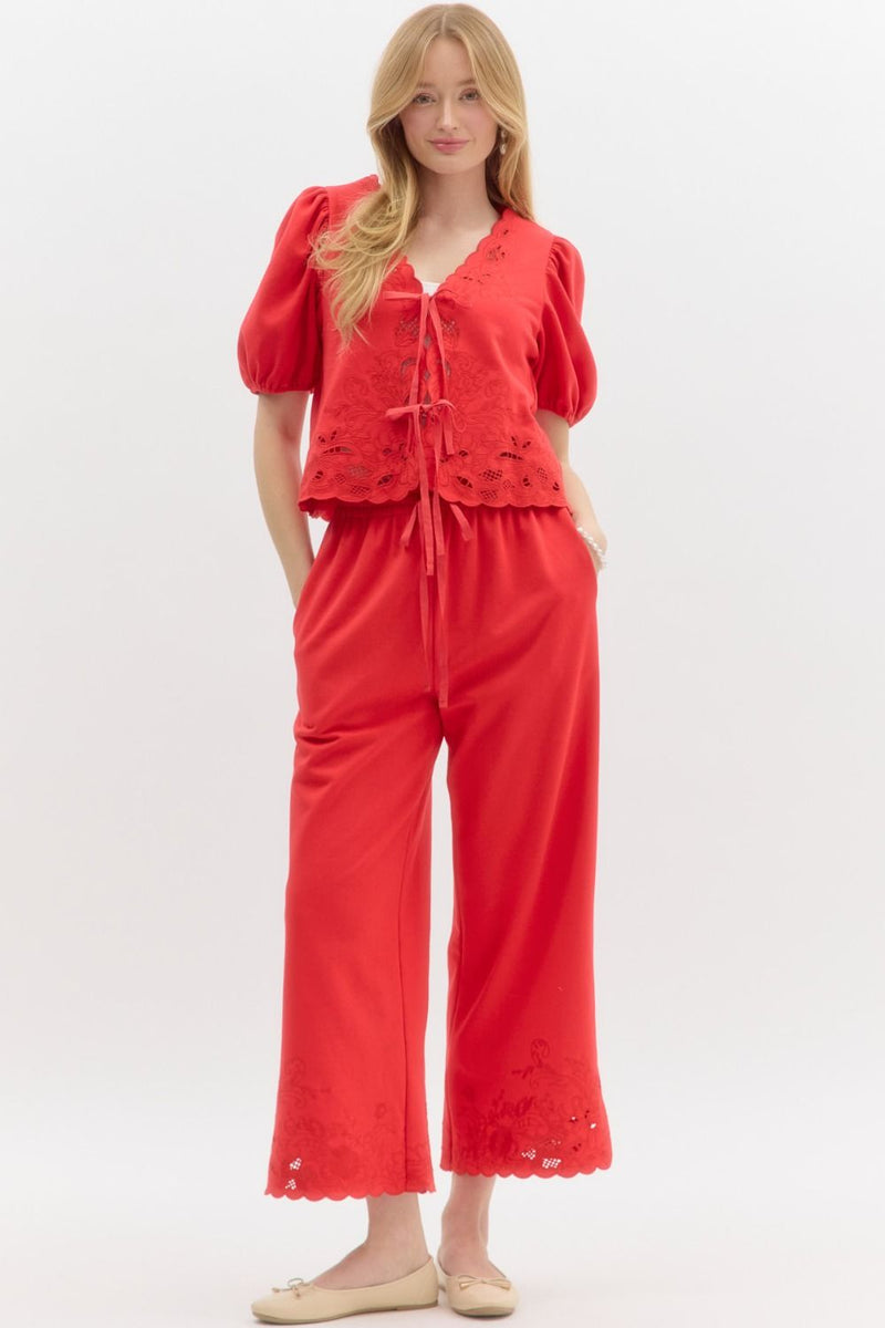 Naomi Jersey Embroidered Wide Leg Pant, Red