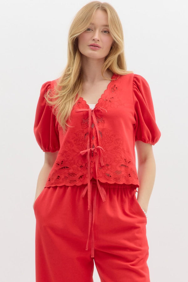 Simone Jersey Embroidered Tie Front Top, Red