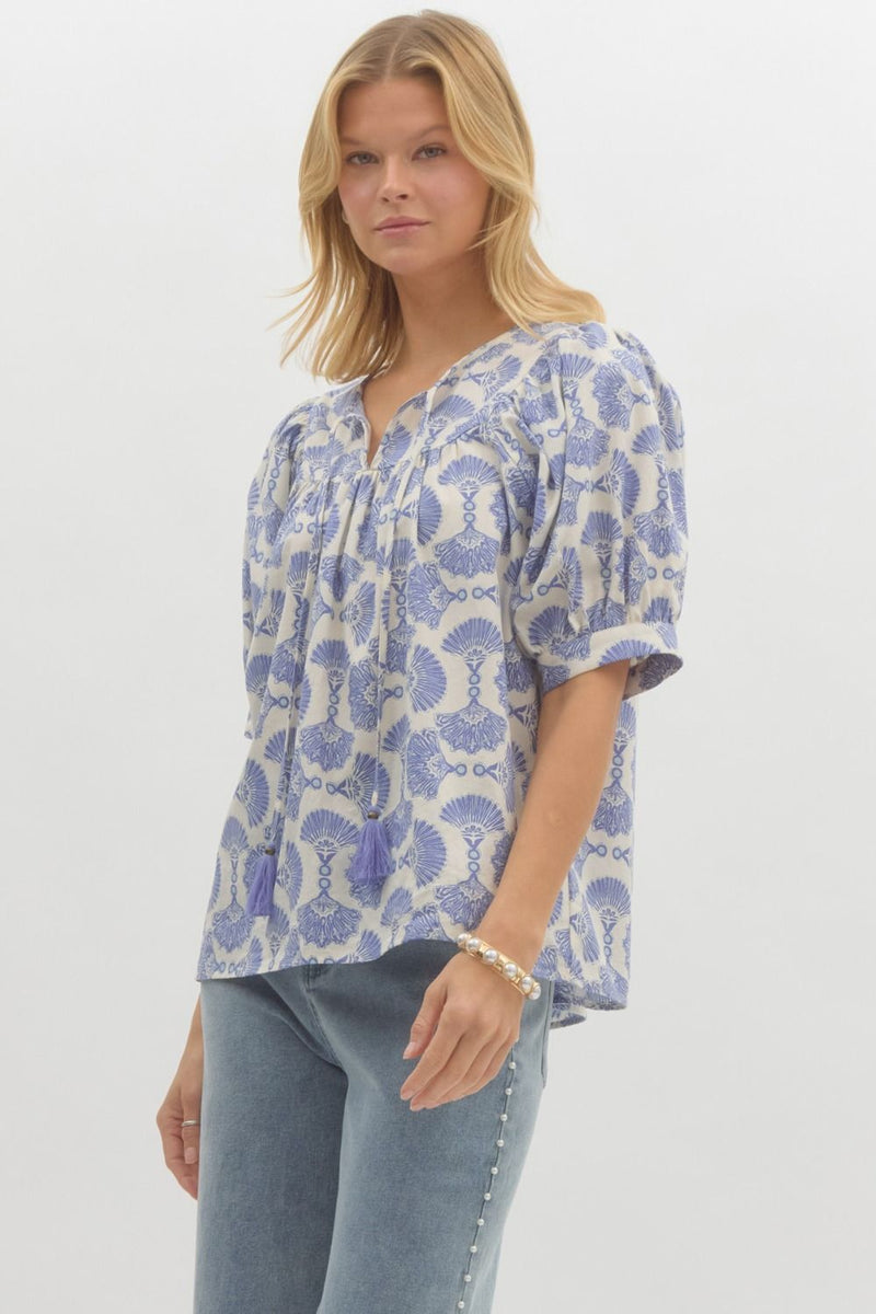 Rowan Printed Tassel Neck Top, Blue