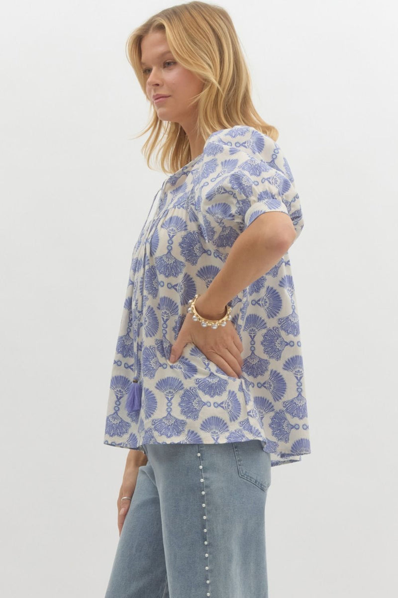 Rowan Printed Tassel Neck Top, Blue