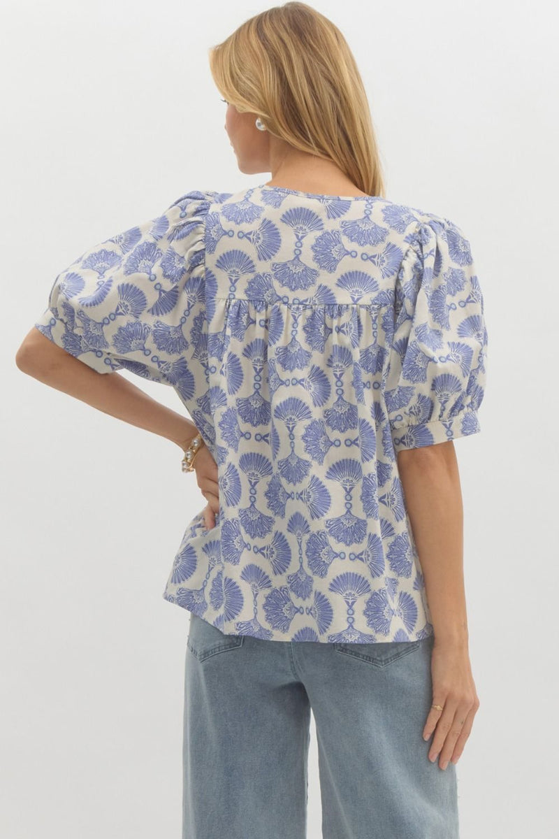 Rowan Printed Tassel Neck Top, Blue