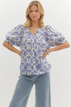 Rowan Printed Tassel Neck Top, Blue