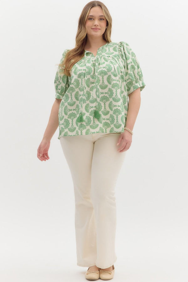 Rowan Printed Tassel Neck Top, Green | Extended Sizes