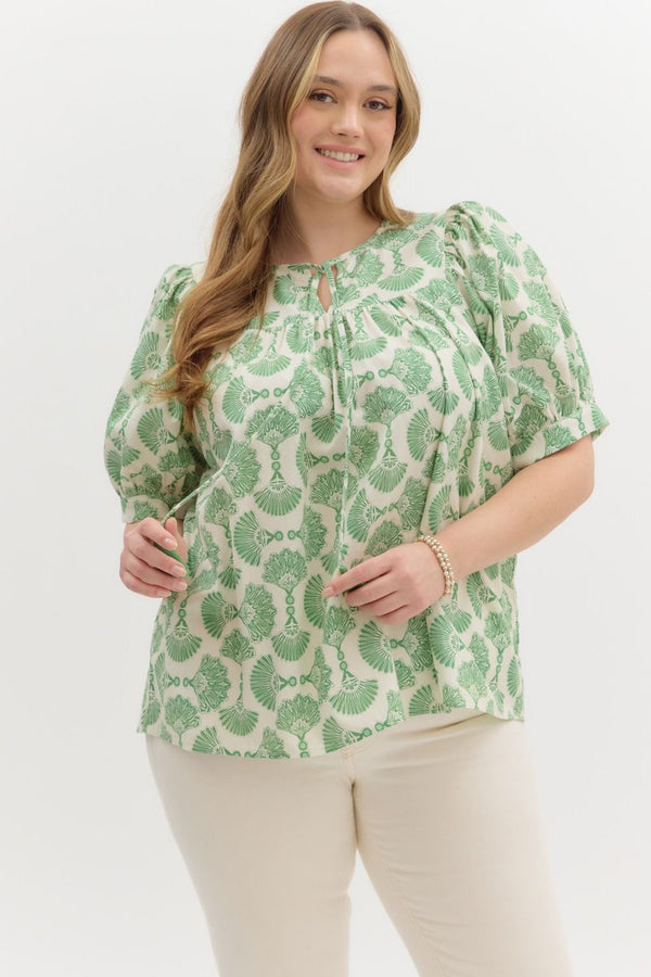 Rowan Printed Tassel Neck Top, Green | Extended Sizes